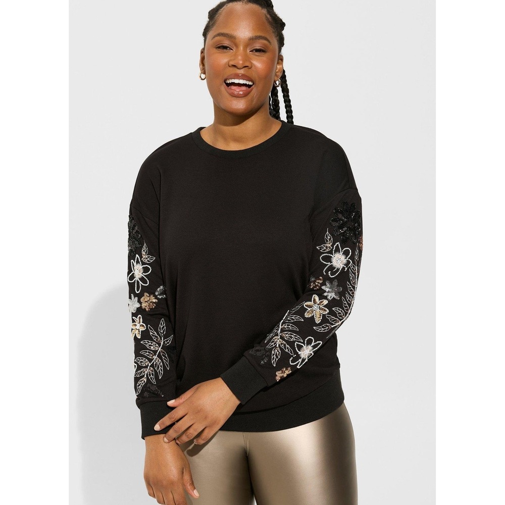Torrid Sweatshirt Womens 3 Black Floral Sequin Beaded Sleeve Crew Pullover Top